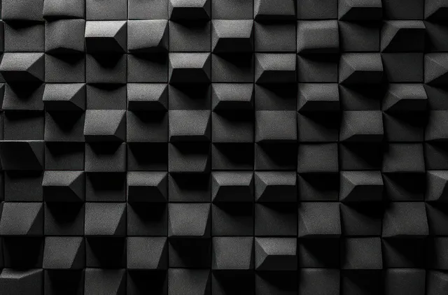 Close-up of a black 3D wall texture featuring raised rectangular and trapezoidal blocks in a geometric pattern with shadows and highlights.
