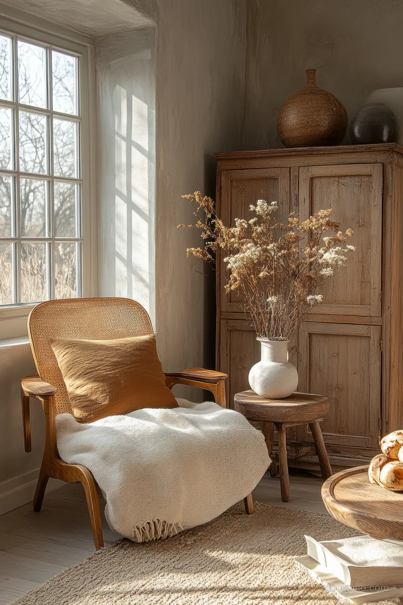 Sunlit Scandinavian bedroom corner with a wooden cabinet, armchair, dried flowers, and linen bedding by tall windows.