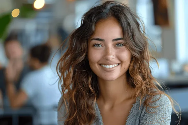 Smiling businesswoman seated in an office meeting with a manager across a table.