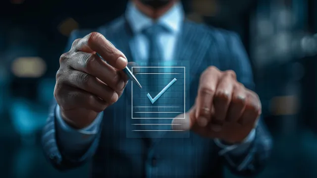 Businessman checking digital survey checklist on smartphone with glowing checkmark interface