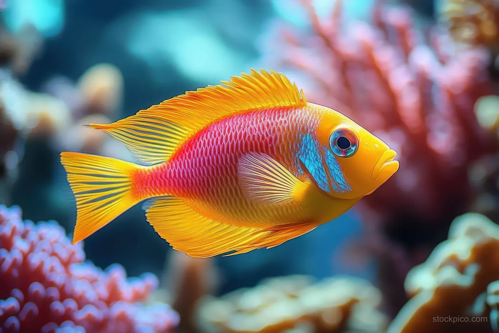 A colorful tropical fish swims near branching coral in a clear underwater reef.