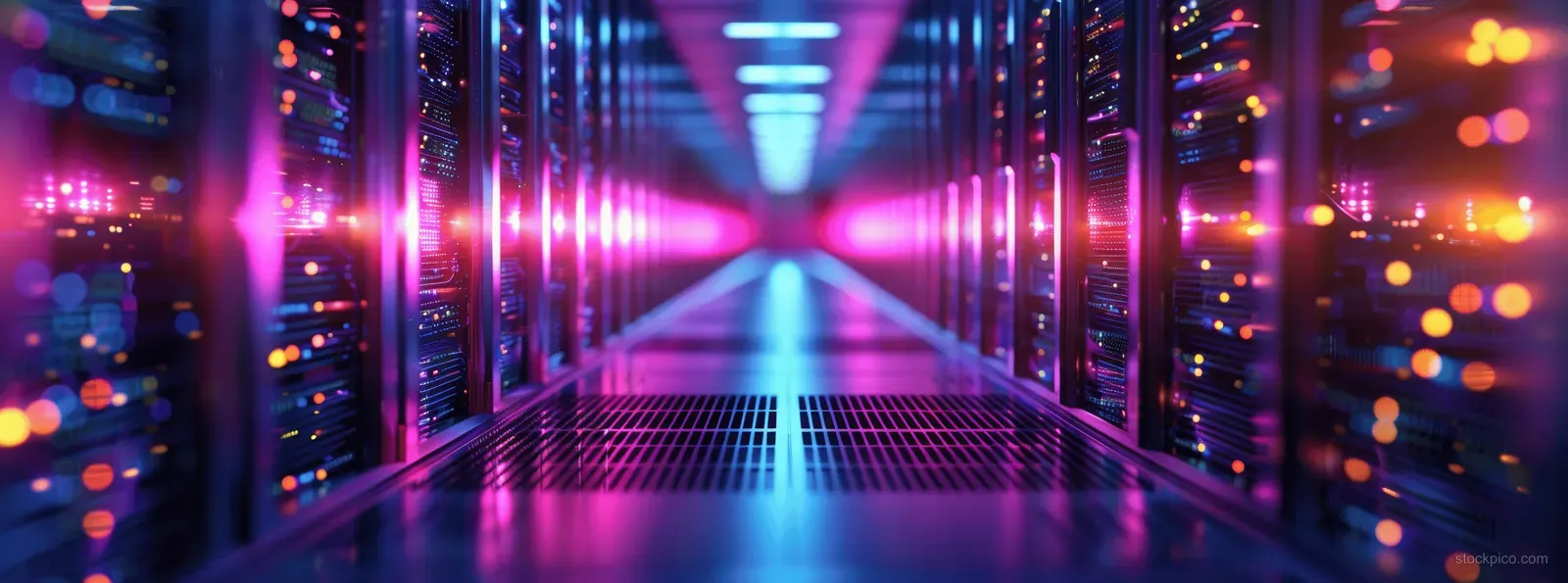 Server racks glow in a purple and blue data center corridor.