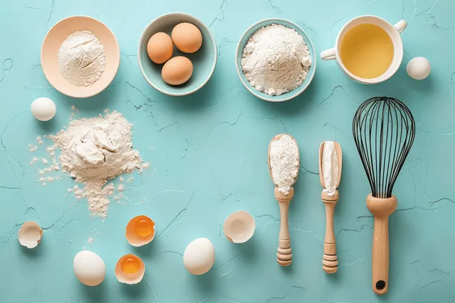 Baking ingredients, cracked eggs, measuring scoops, and a whisk arranged on a light blue surface.