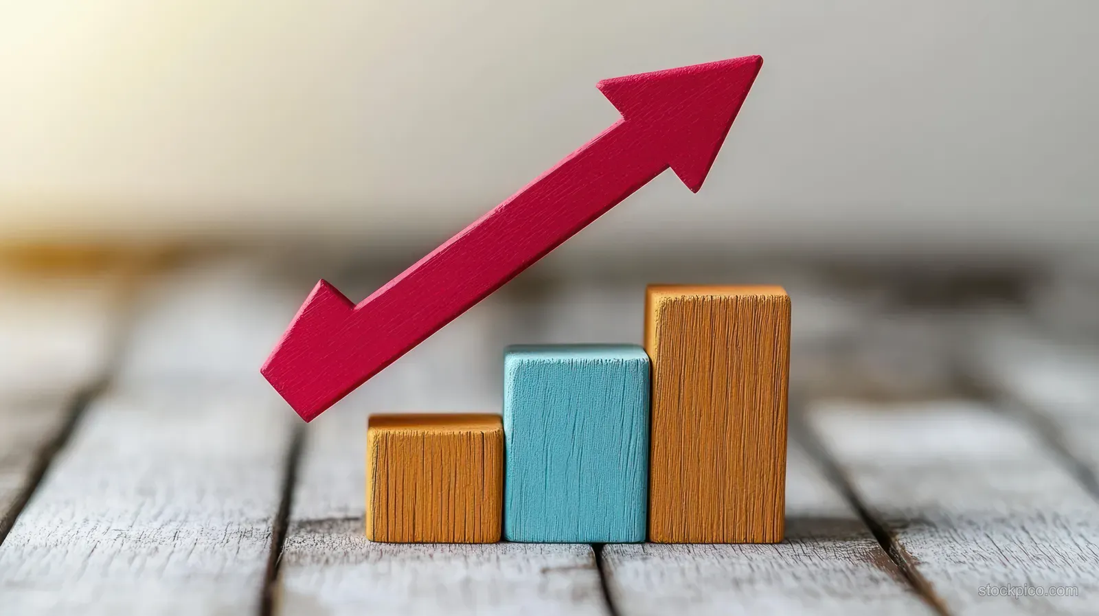 Three stacked wooden blocks form rising bars beneath a red upward arrow on a rustic surface.
