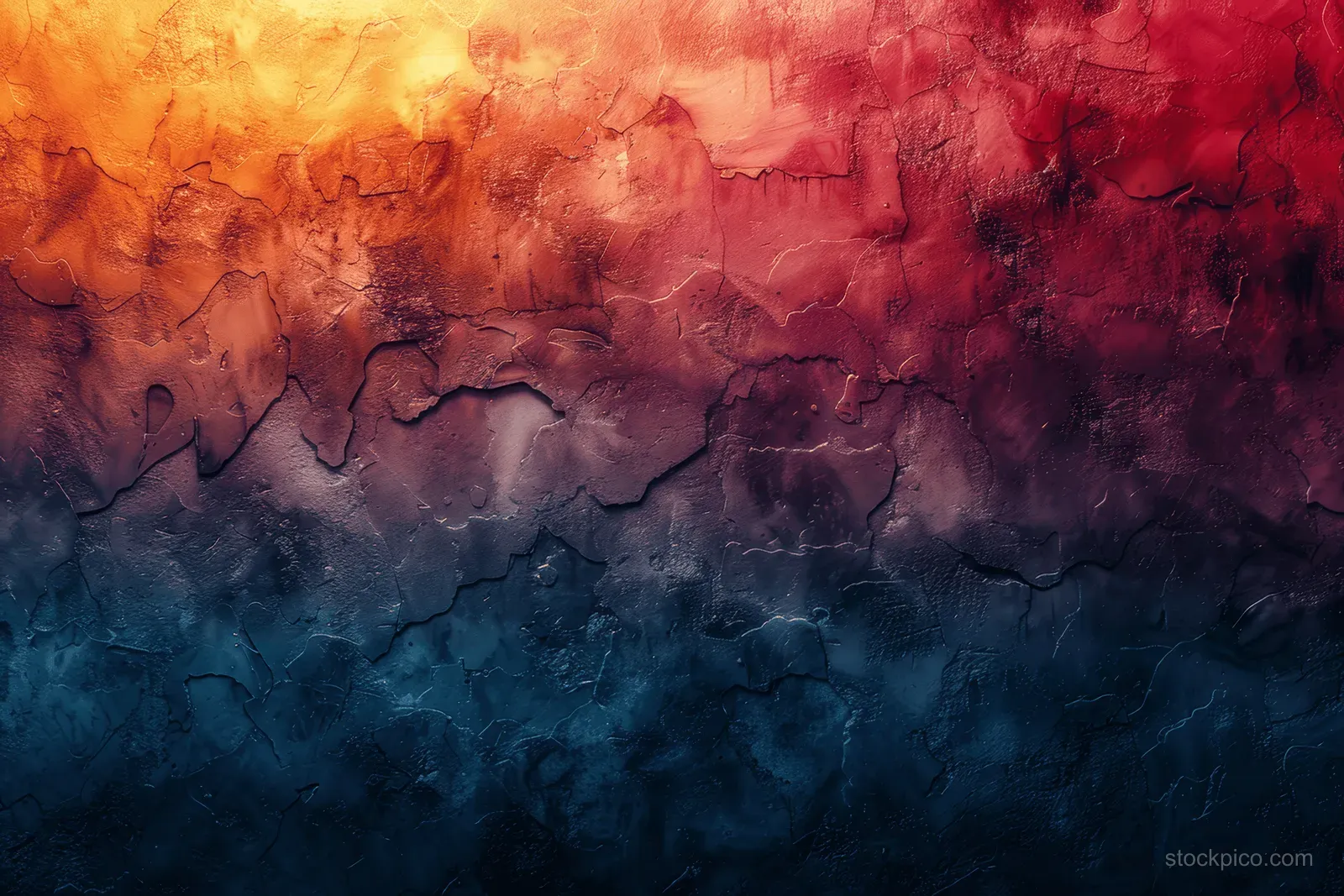 Coral orange to indigo gradient wall background with cracked texture and faint metallic glow.
