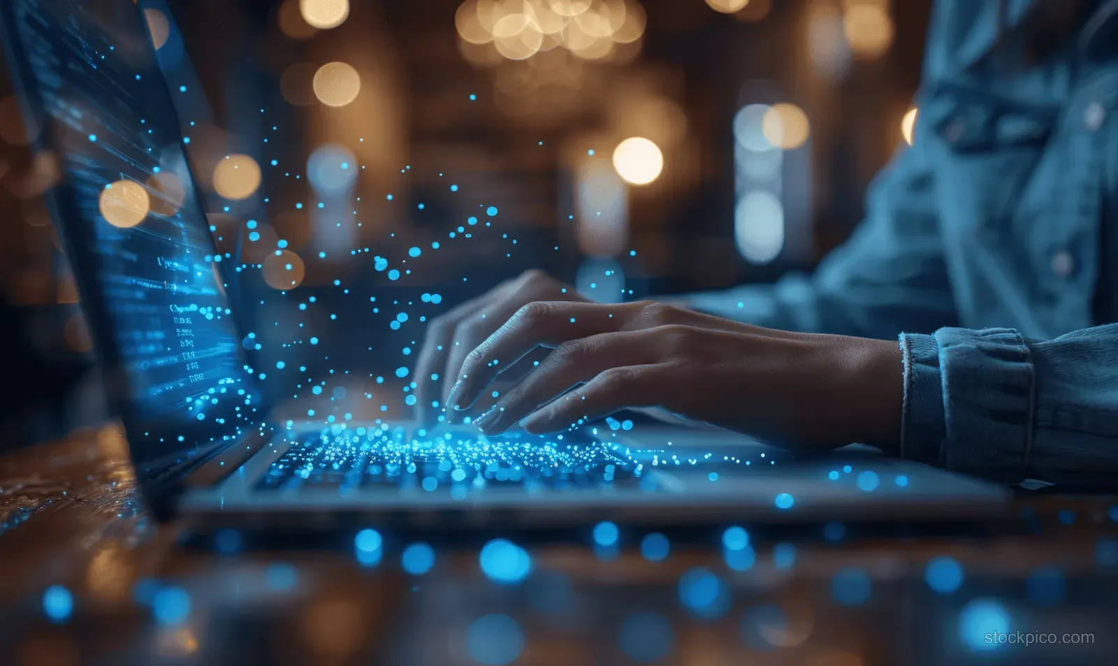 Businesswoman’s hands typing on a laptop with floating holographic document panels and file icons.