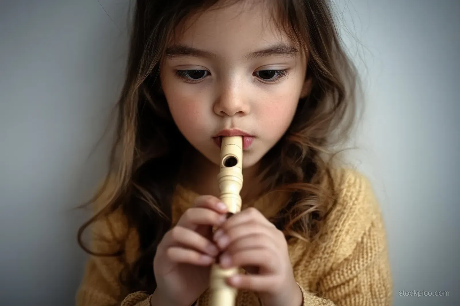 Young girl playing a wooden recorder flute indoors, holding the instrument close with a focused expression against a neutral background.