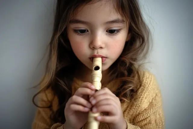 Young girl playing a wooden recorder flute indoors, holding the instrument close with a focused expression against a neutral background.