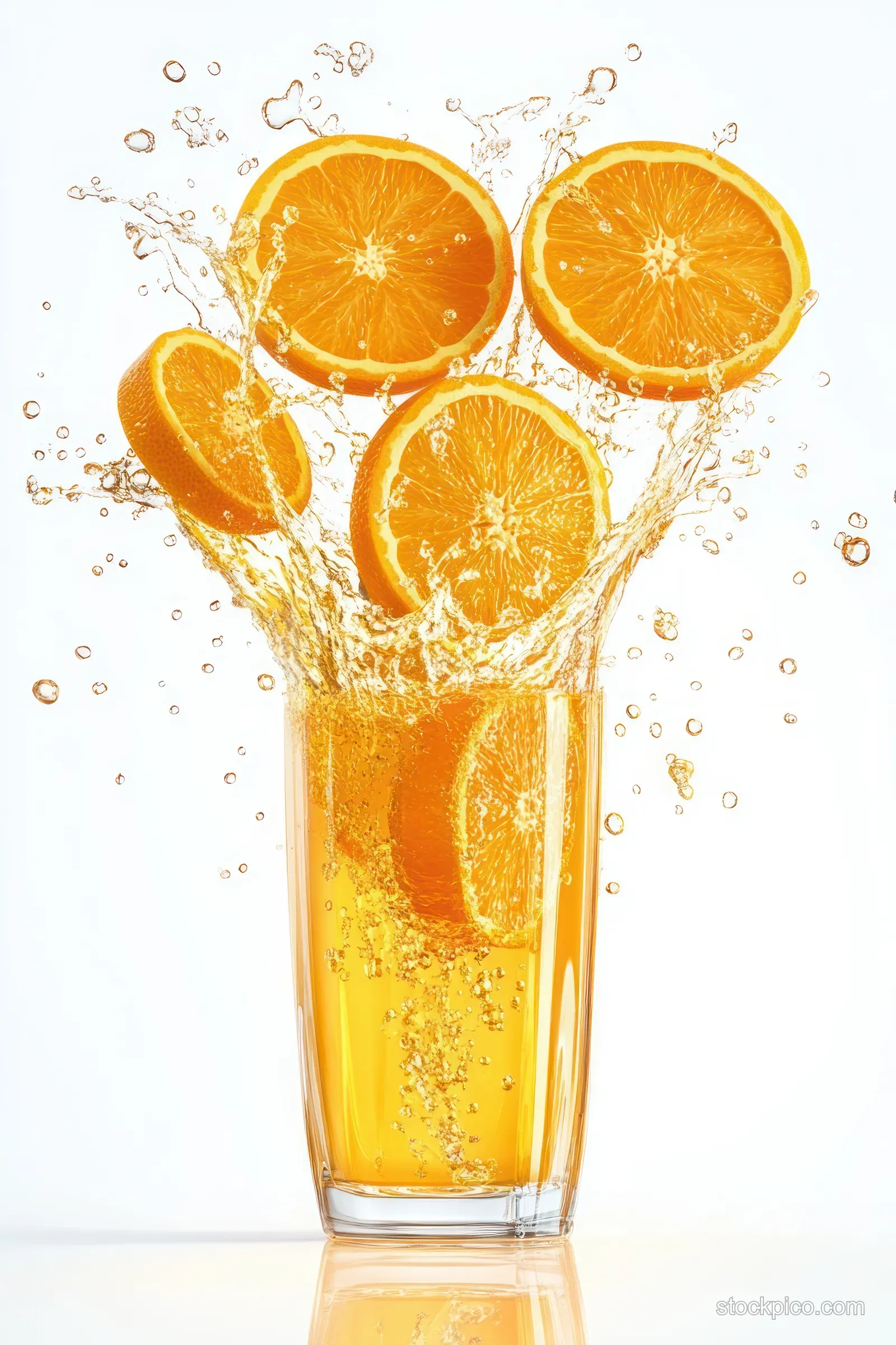 Orange juice splash erupts from a glass while orange slices float above with droplets on a white background.