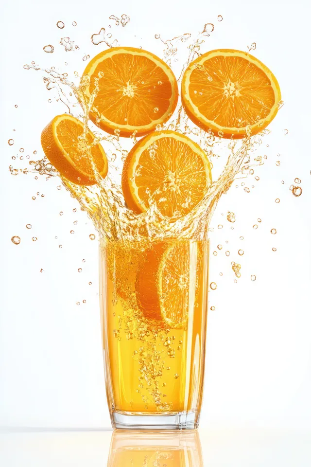 Una salpicadura de jugo de naranja brota de un vaso mientras rodajas de naranja flotan encima con gotas sobre un fondo blanco.