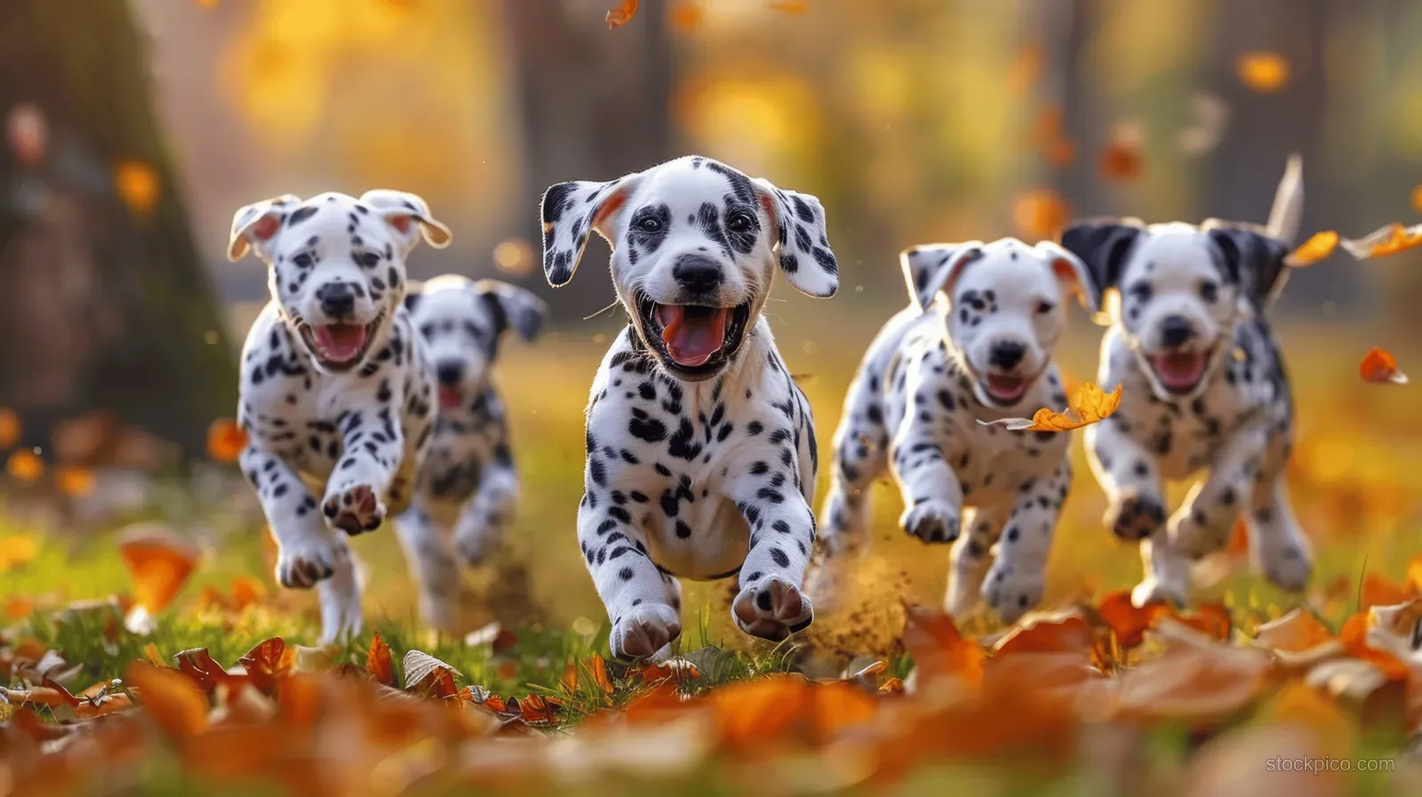 Dalmatian puppies run through autumn leaves in a park, smiling with open mouths.
