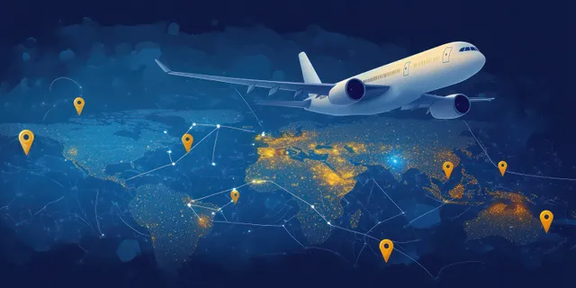 Commercial jet over glowing digital world map with connected flight paths and city light markers
