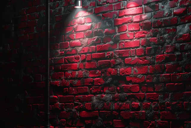 A red brick wall covered with black spray paint is lit by an overhead light, creating moody shadows.