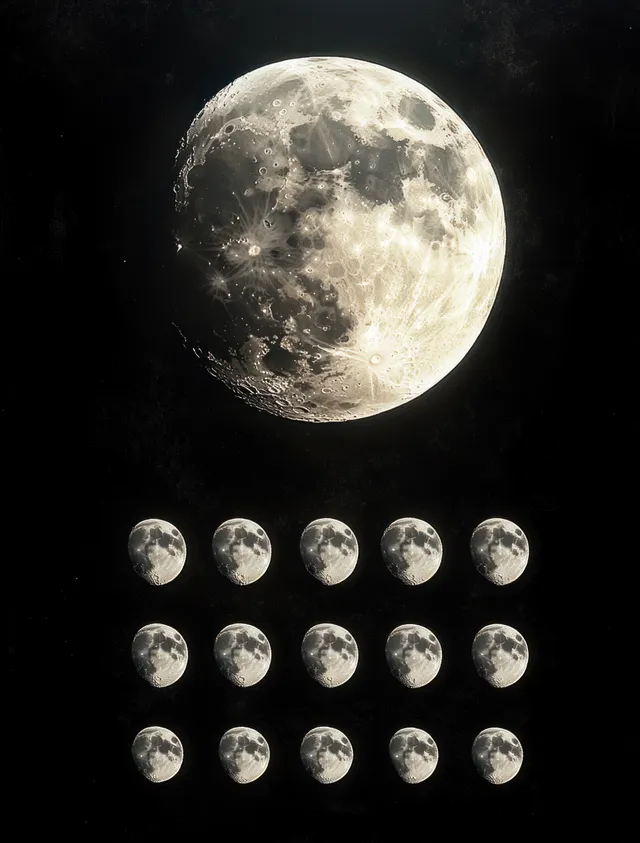 A bright full moon with craters sits above a grid of smaller moons on a black background.