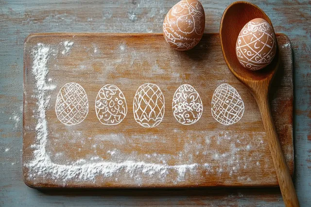 Brown eggs with white patterns sit on a flour-drawn wooden board with a wooden spoon holding one egg.