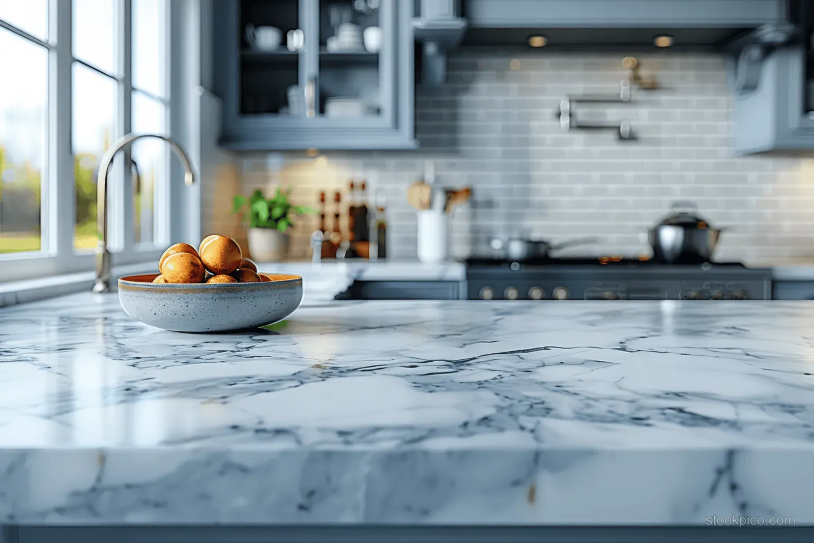 Oranges in a bowl on a marble countertop with a stainless sink and sunlit modern kitchen behind.
