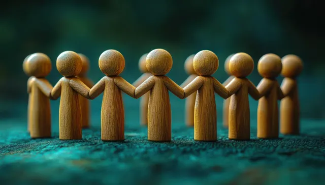 Row of wooden figurines holding hands on textured green surface with blurred unity backdrop with Folk Art Style