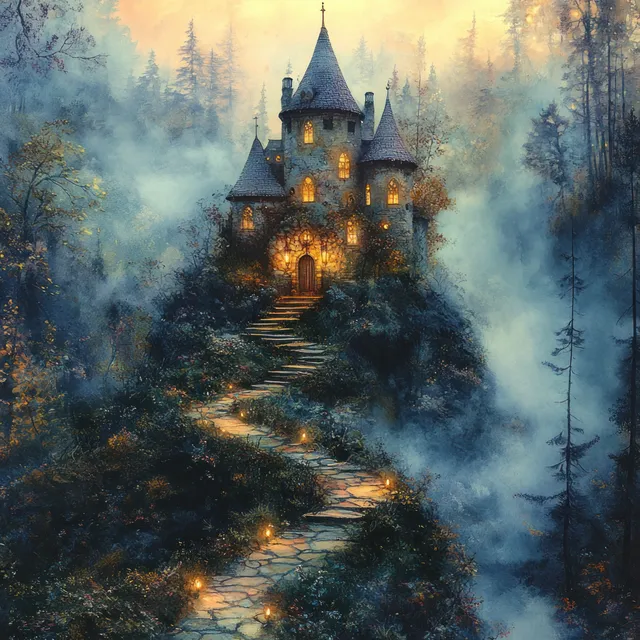 A glowing castle stands in a foggy forest beside a winding stone path.