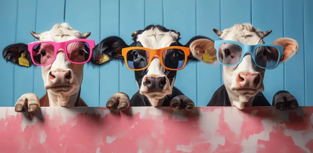 Several cartoon cows wearing colorful sunglasses look over a pink table against a blue background.