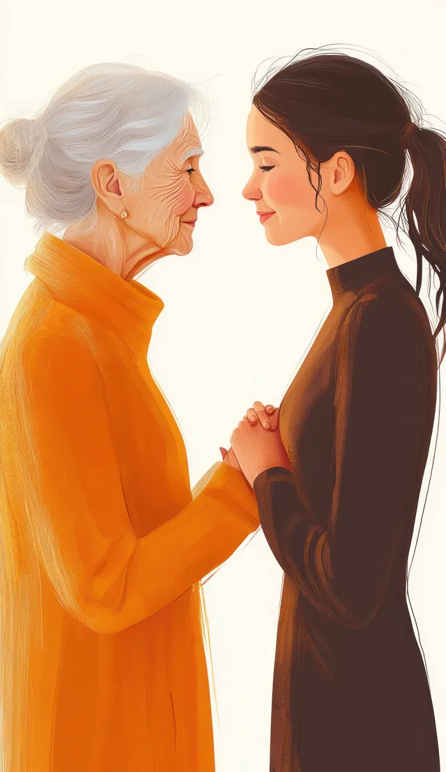 A young and an elderly woman hold hands face to face with closed eyes in a warm, tender moment.