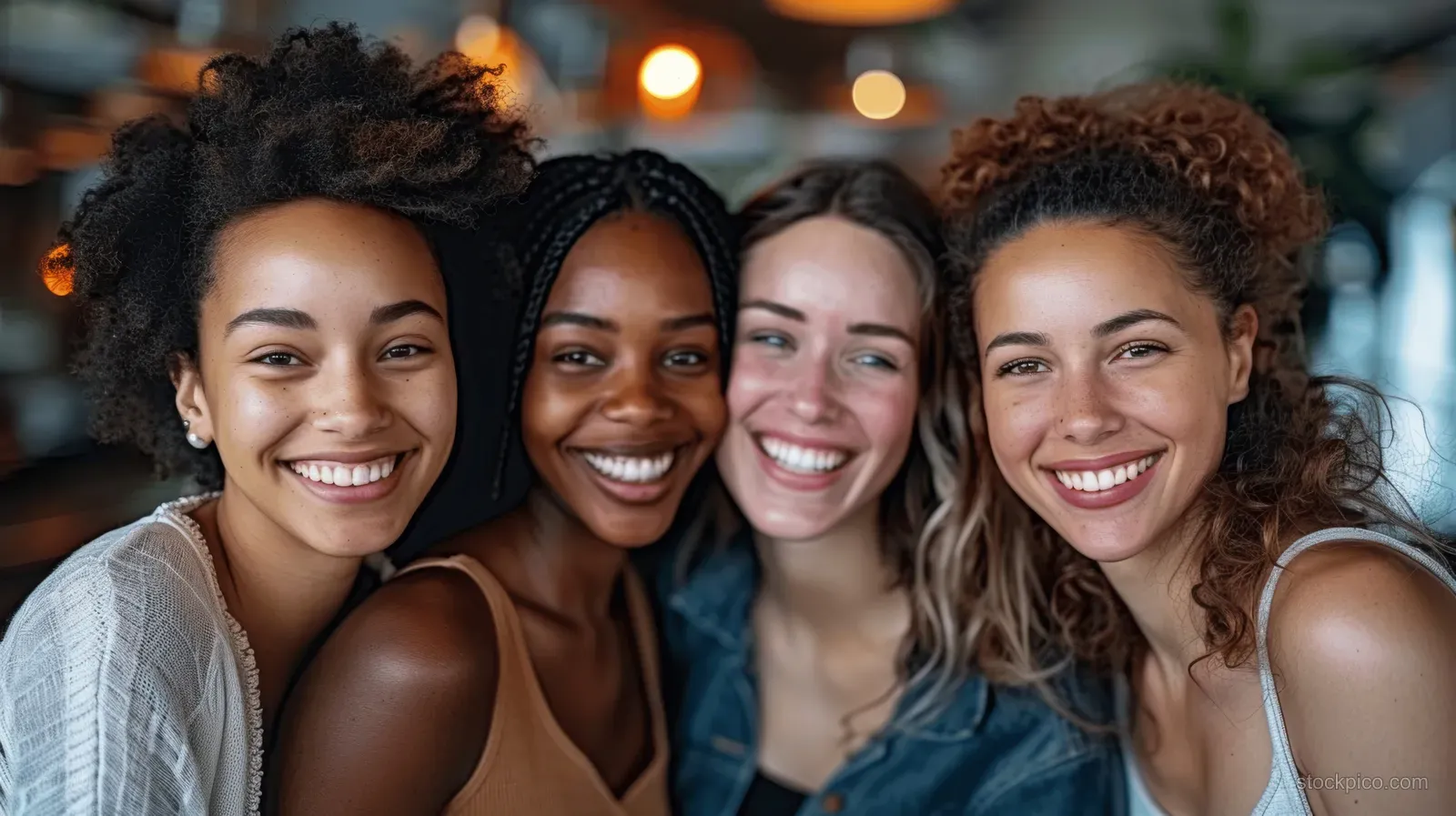 Four diverse female teachers smile together in a softly lit school hallway with blurred classroom lights behind them.