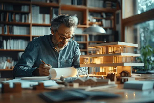 A businessman signs mortgage documents at his office desk with a house model and financial papers nearby.