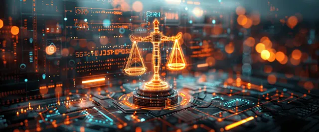 Glowing justice scale centered above a blurred digital city circuit board backdrop.