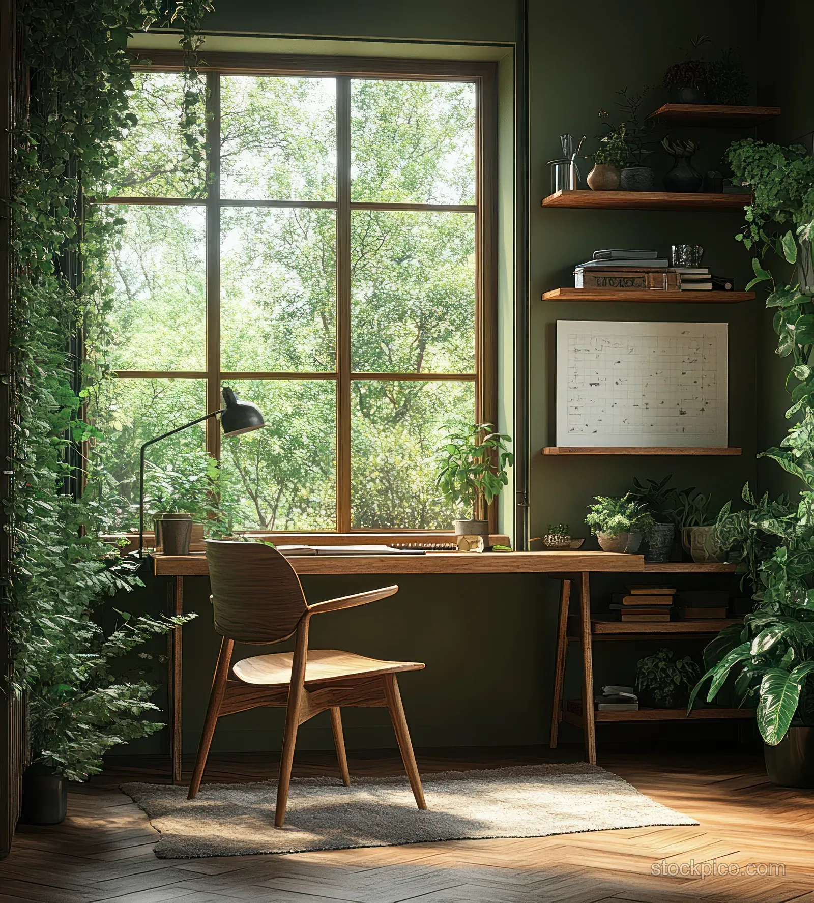 Wooden chair and desk sit in a sunny Scandinavian home office corner with potted plants by a window.