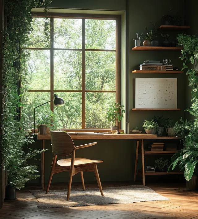 Wooden chair and desk sit in a sunny Scandinavian home office corner with potted plants by a window.