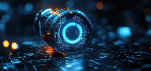 Futuristic camera lens close-up glowing with blue circuitry and orange highlights