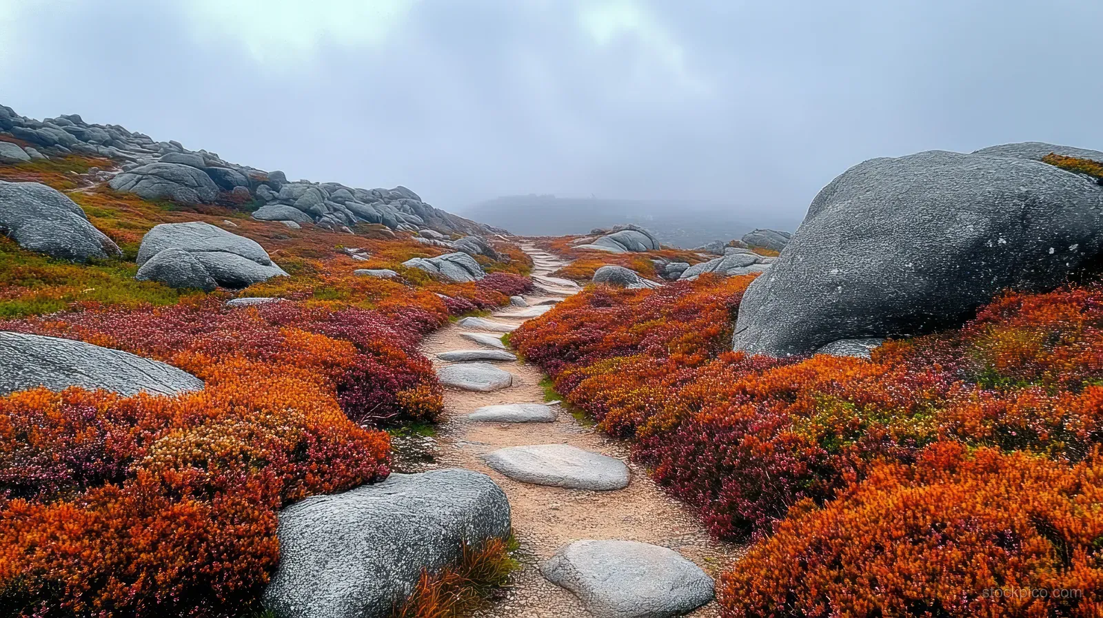 Foggy mountain trail winds through orange and red heath shrubs beside large gray boulders under overcast clouds.