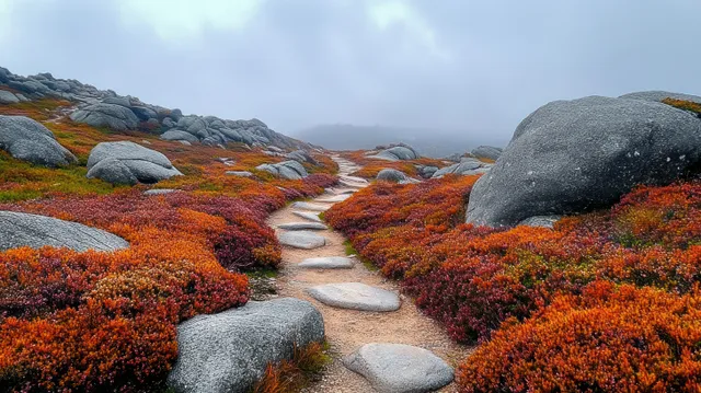 Sendero montañoso brumoso que serpentea entre arbustos de brezo naranjas y rojos, junto a grandes rocas grises bajo nubes cubiertas.
