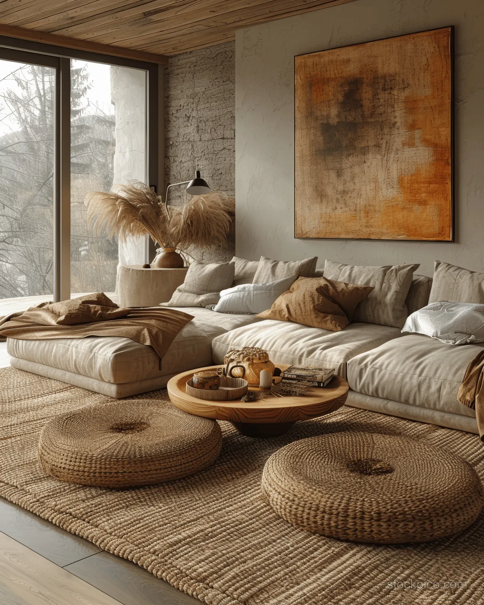 A cozy Scandinavian living room with a beige sofa, woven ottomans, and a large window.