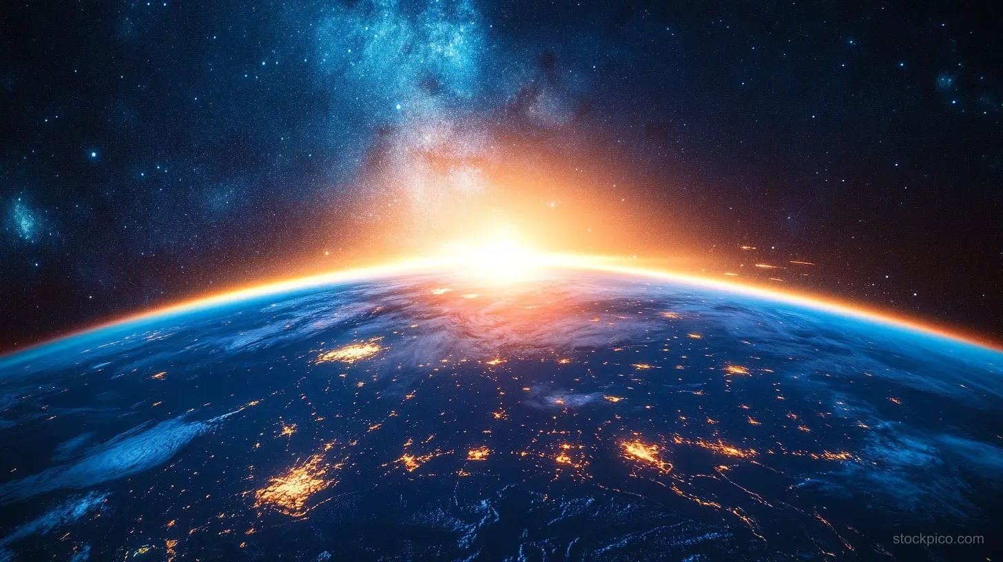 Sunrise over Earth from space with glowing city lights, thin atmospheric glow, and stars in a dark galaxy sky.