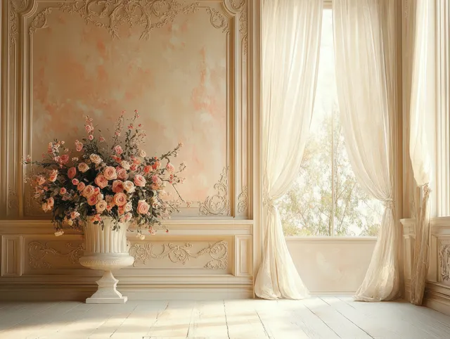Uma sala de cerimônia de casamento luxuosa mostra um centro de mesa floral sobre pedestal, molduras ornamentais nas paredes e cortinas translúcidas iluminadas por luz suave do dia.