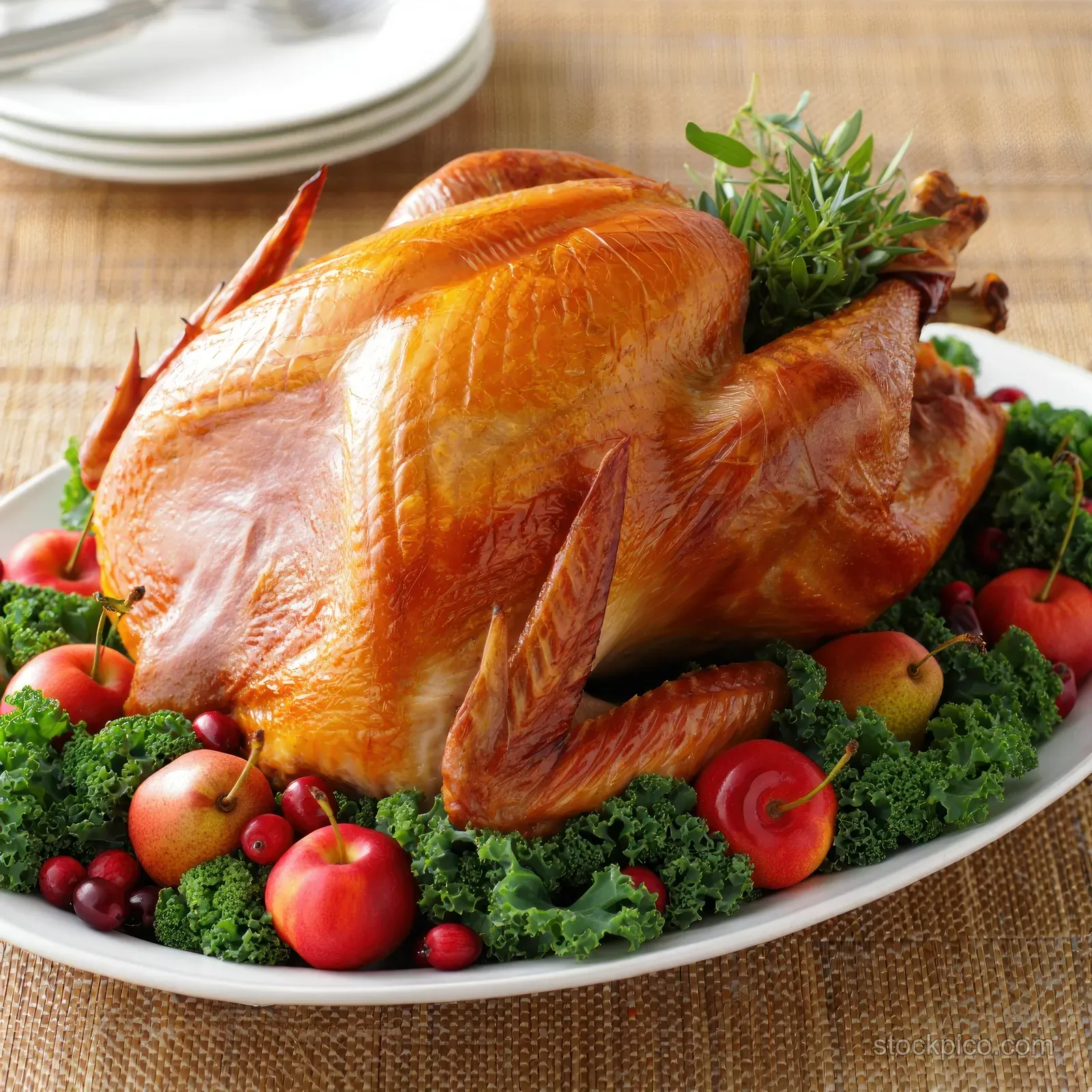 Roasted whole turkey on a white platter with kale, apples, cranberries, and herbs.