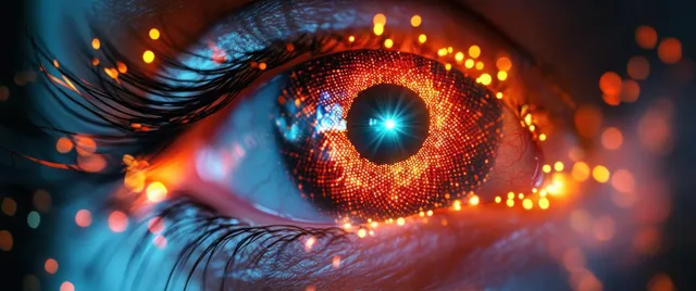Macro close-up of a human eye with orange digital light rings and glowing blue reflections across the iris.