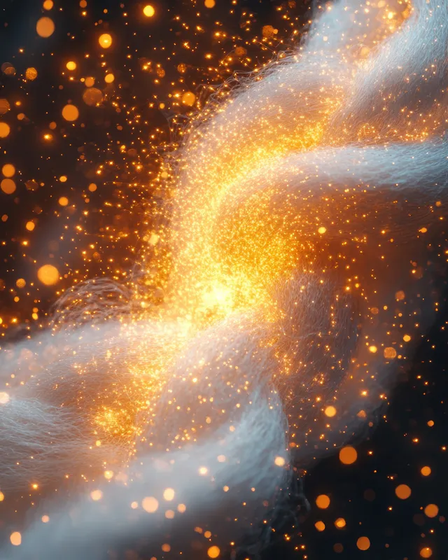 Macro cotton fabric threads with glowing electric sparks ejecting stain dust in a burst of light.