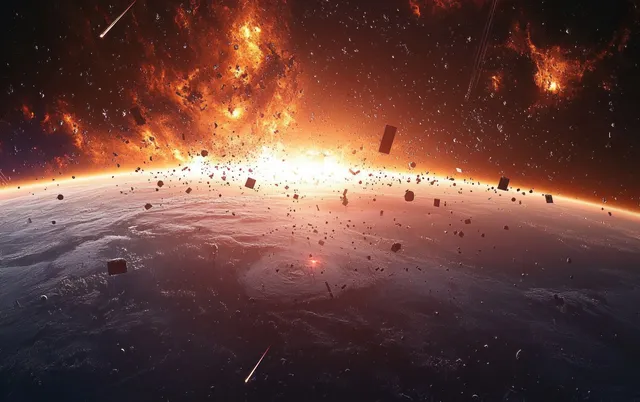 Satellites and scattered debris fly through Earth orbit with fiery fragments glowing against the sunset horizon.