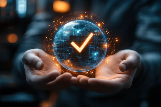 Hands holding a glowing globe with a cyber security checkmark icon
