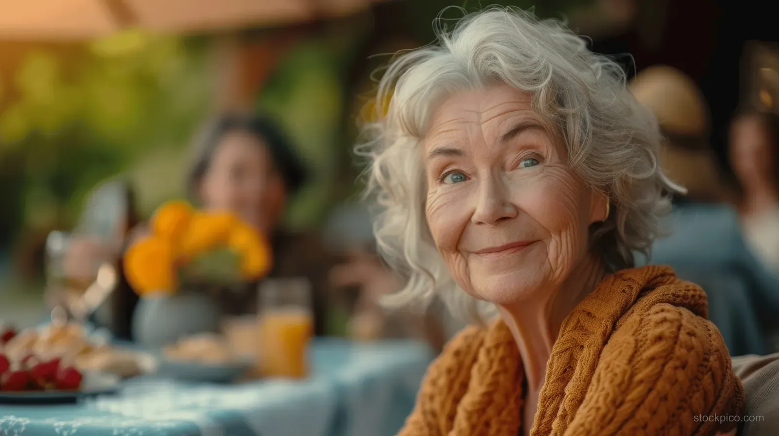 An elderly woman smiles toward the camera while an outdoor birthday table and blurred guests sit behind her.