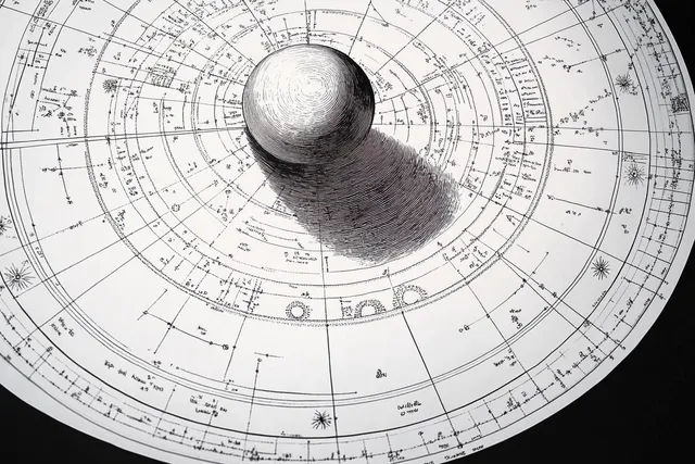 Black-and-white celestial chart with shadowed metal sphere casting an orb-like highlight