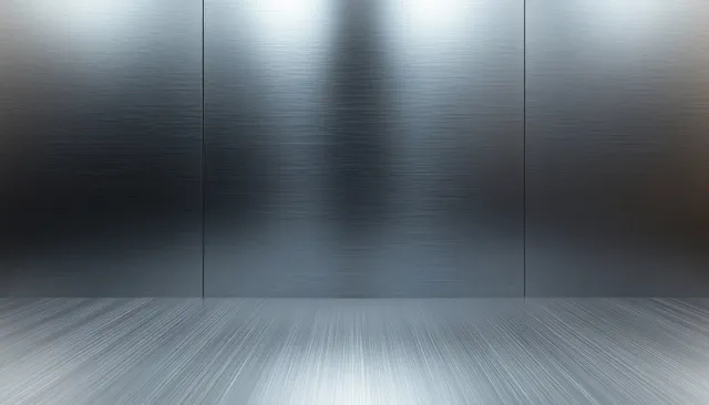 Brushed stainless steel plate surface with light reflections in minimalist geometric space