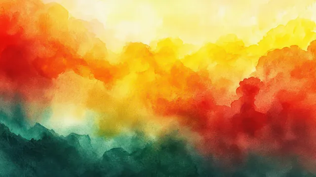 Watercolor cloudscape abstract background with red, yellow, green gradient haze
