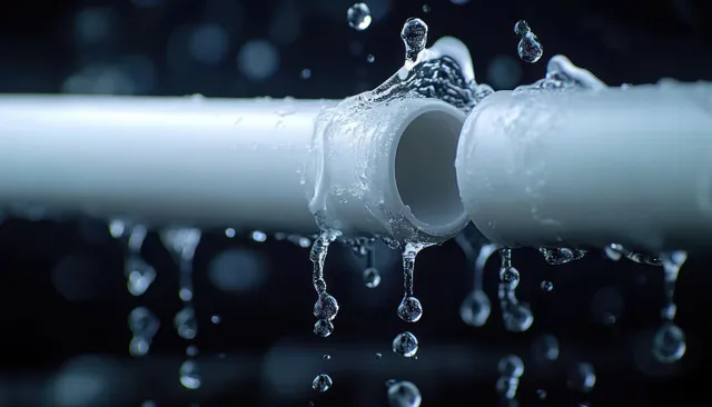 Primer plano de una junta de tubería de PVC con gotas de agua que gotean hacia el fondo oscuro.