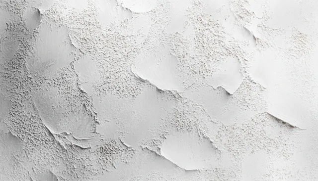 Close-up of a white plaster texture wall with soft shadows and irregular raised organic patches.