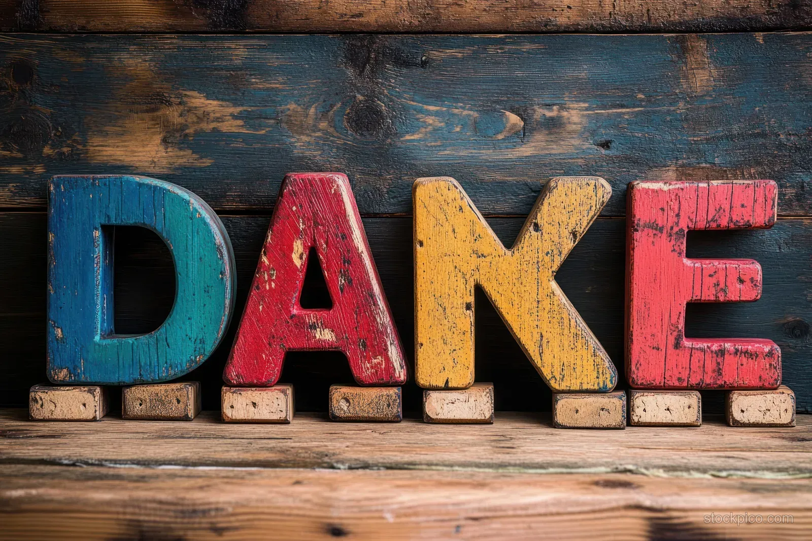 Vintage wooden letters spelling “DAKE” sit on weathered blue boards for a Mother’s Day thank you card.