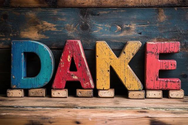 Vintage wooden letters spelling “DAKE” sit on weathered blue boards for a Mother’s Day thank you card.