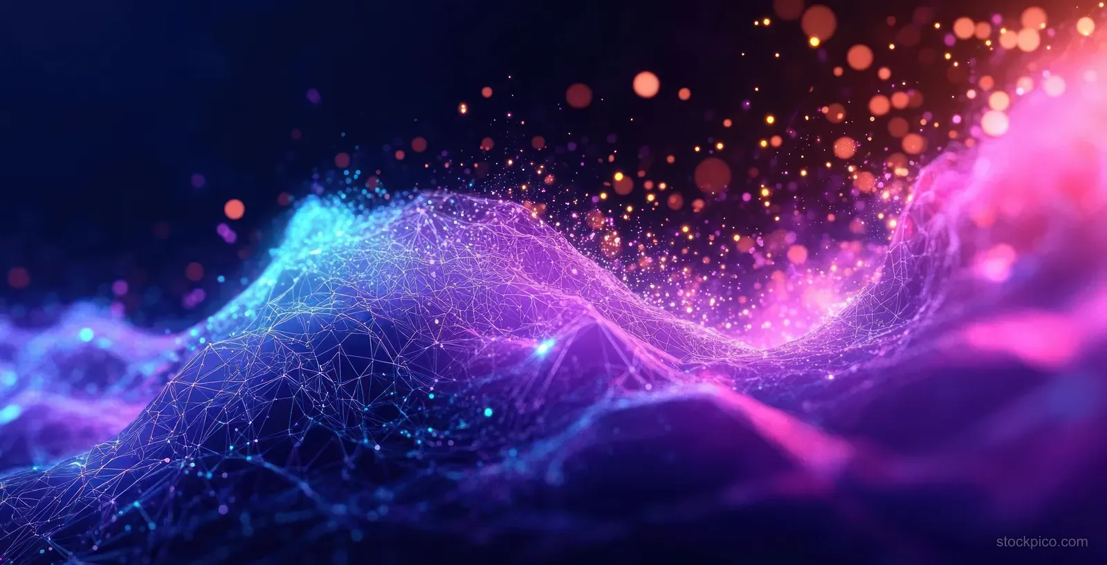 Neon cyber network waves curve through a dark tunnel with glowing nodes and floating particles.