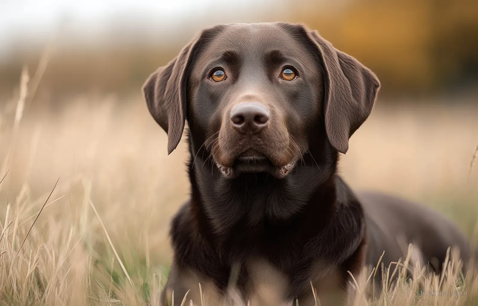 A calm chocolate-brown dog sits in a dry grassy field, gazing with focused expressive eyes.